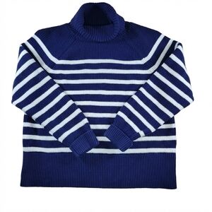 Lands' End Kids Drifter Striped Turtleneck Sweater Cotton Navy White M 10-12
